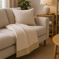 50 X 67 Cream Cotton Blend Woven Throw Blanket with Fringe