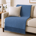 50 X 67 Denim Blue Cotton Blend Woven Throw Blanket with Fringe