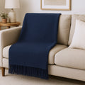 50 X 67 Navy Blue Cotton Blend Woven Throw Blanket with Fringe