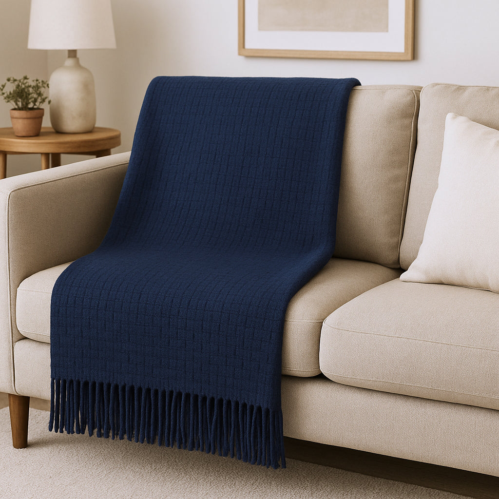 50 X 67 Navy Blue Cotton Blend Woven Throw Blanket with Fringe