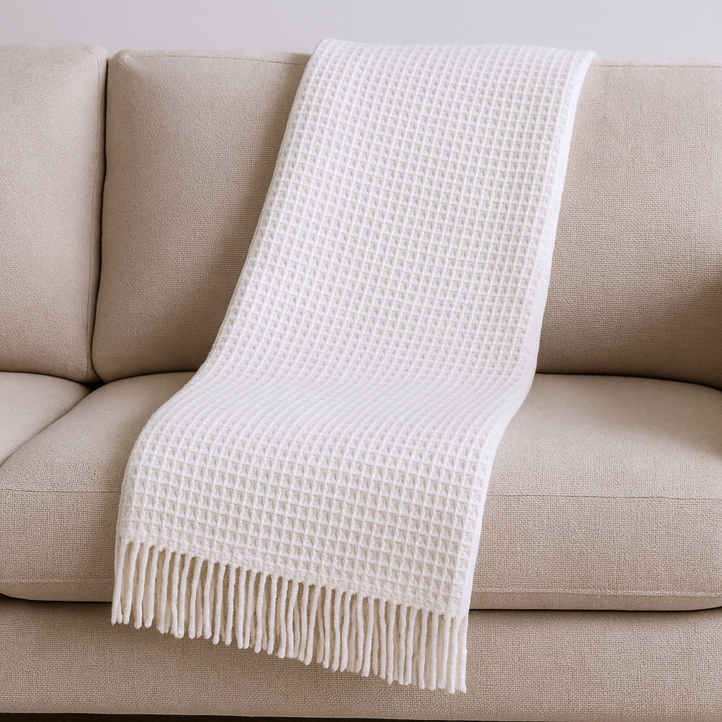 55 X 70 Cream Cotton Blend Waffle Weave Throw Blanket with Fringe