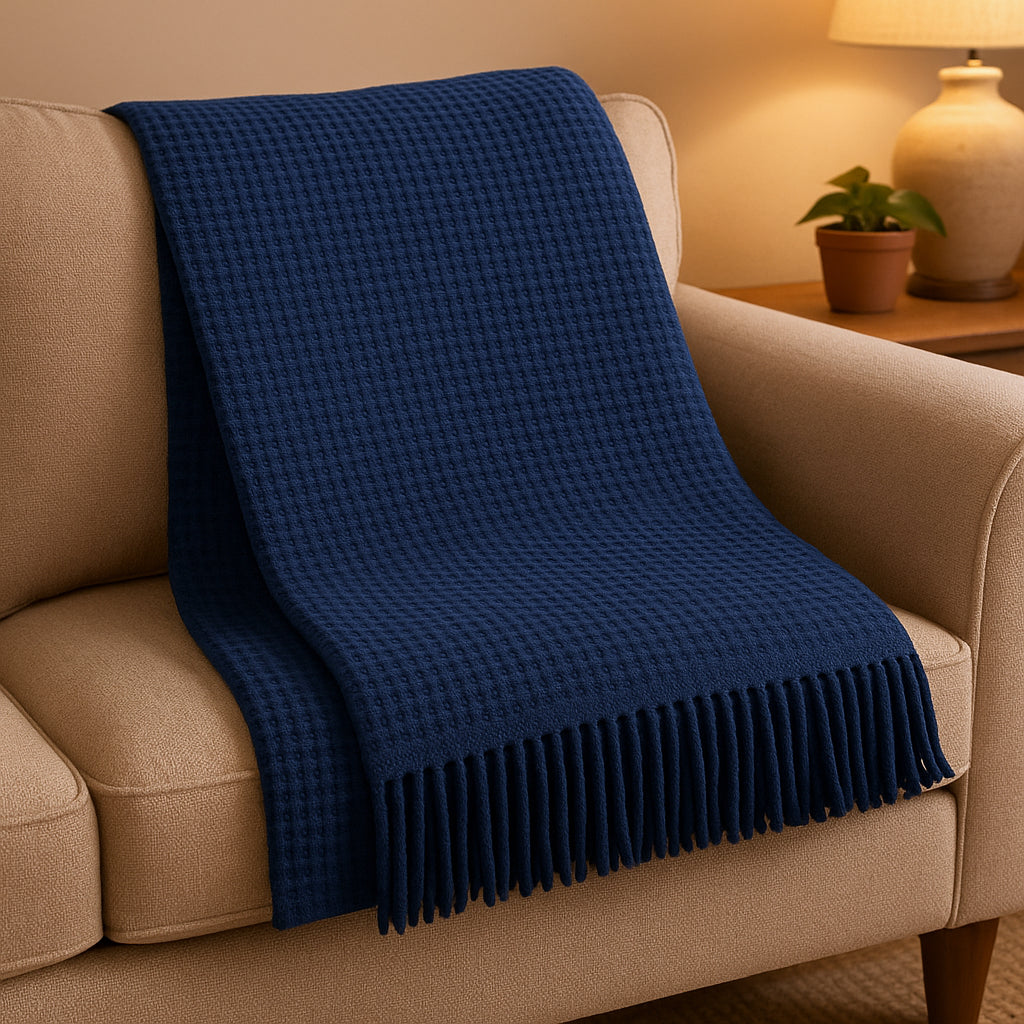 55 X 70 Navy Blue Cotton Blend Waffle Weave Throw Blanket with Fringe