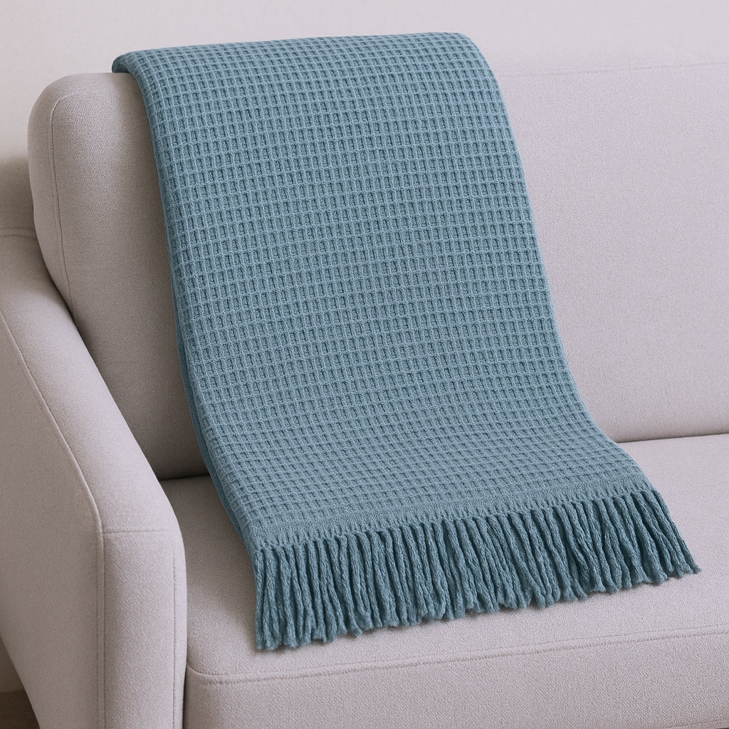 55 X 70 Slate Blue Cotton Blend Waffle Weave Throw Blanket with Fringe