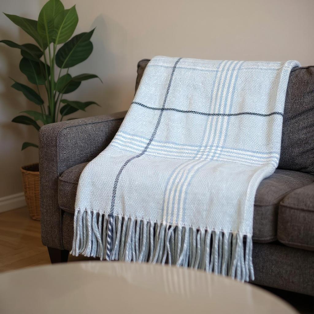 50 X 67 Sky Blue And White Plaid Cotton Blend Woven Throw Blanket with Fringe