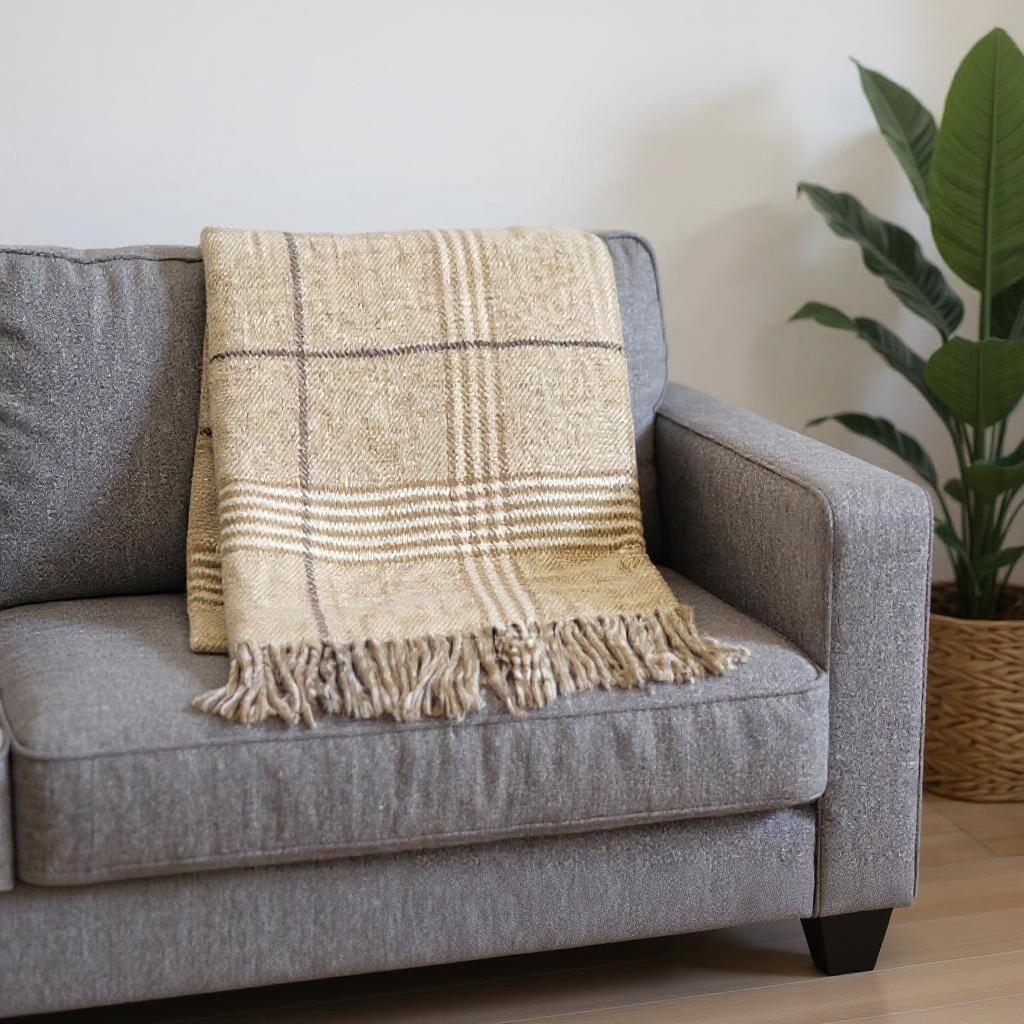 50 X 67 Stone And White Cotton Blend Woven Plaid Throw Blanket with Fringe