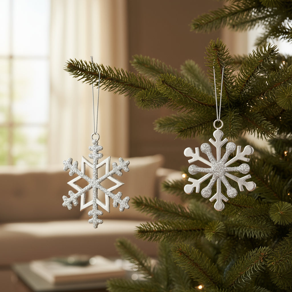 Set of Two Silver Metal Snowflake Shape Ornaments