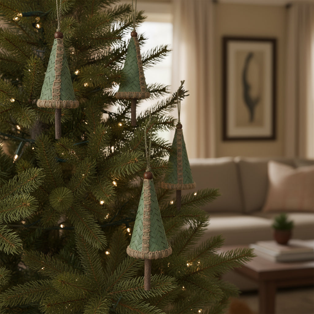 Set of Four Green And Natural Woven Bamboo Christmas Tree Shaped Ornaments