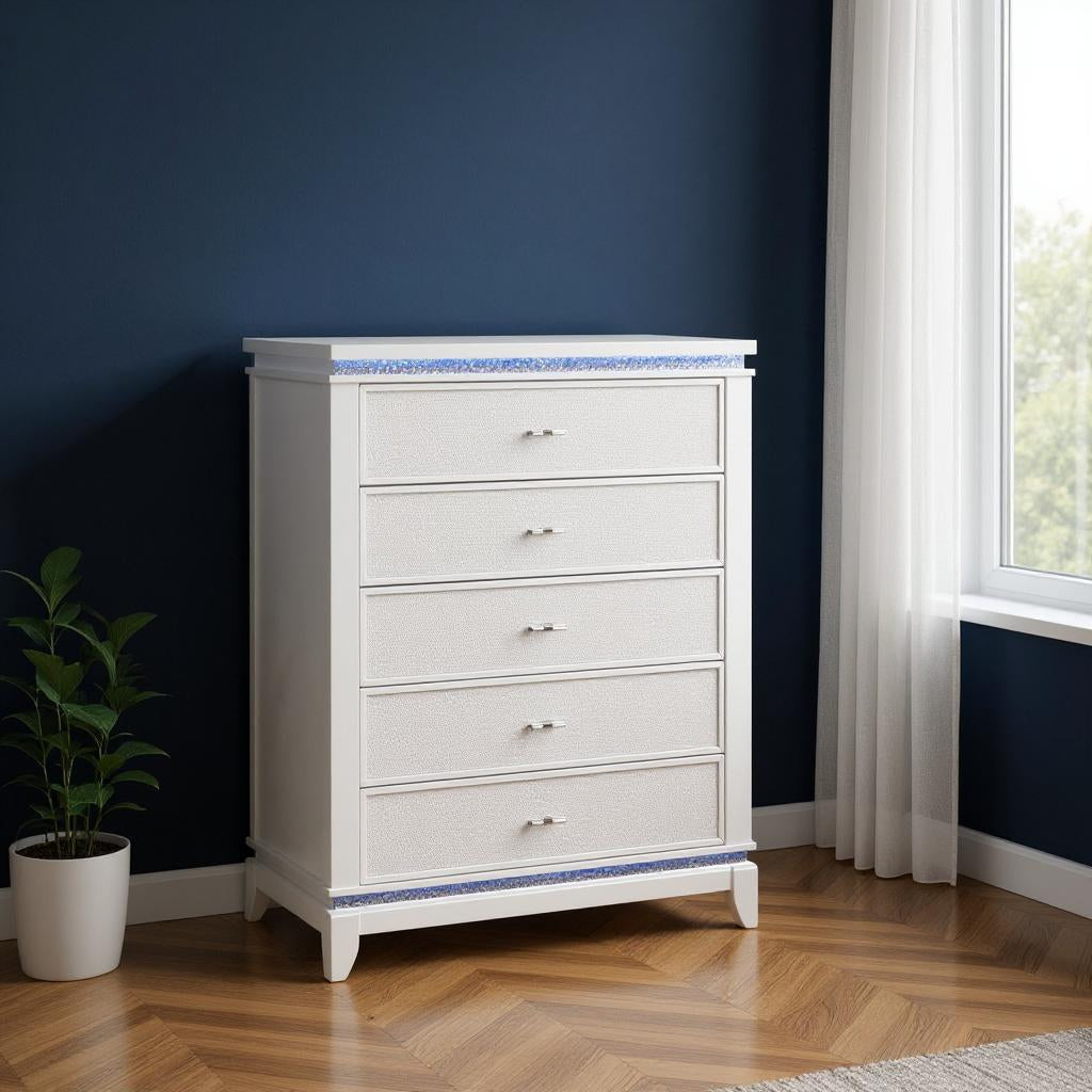 36 White Faux Crystal Glitter Wood Lighted Five Drawer Dresser