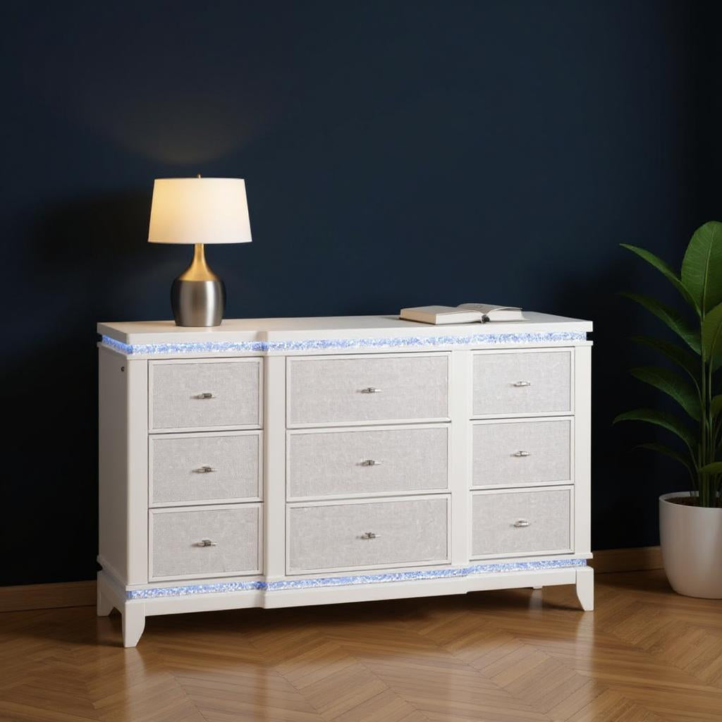 62 White Faux Crystal Glitter Wood Lighted Nine Drawer Triple Dresser