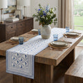 68 Blue And White Geometric And Floral Table Runner