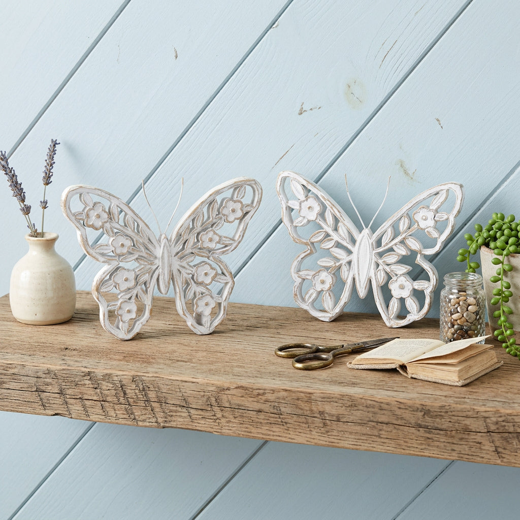 Set of Two White And Beige Polyresin Butterfly Tabletop Sculptures