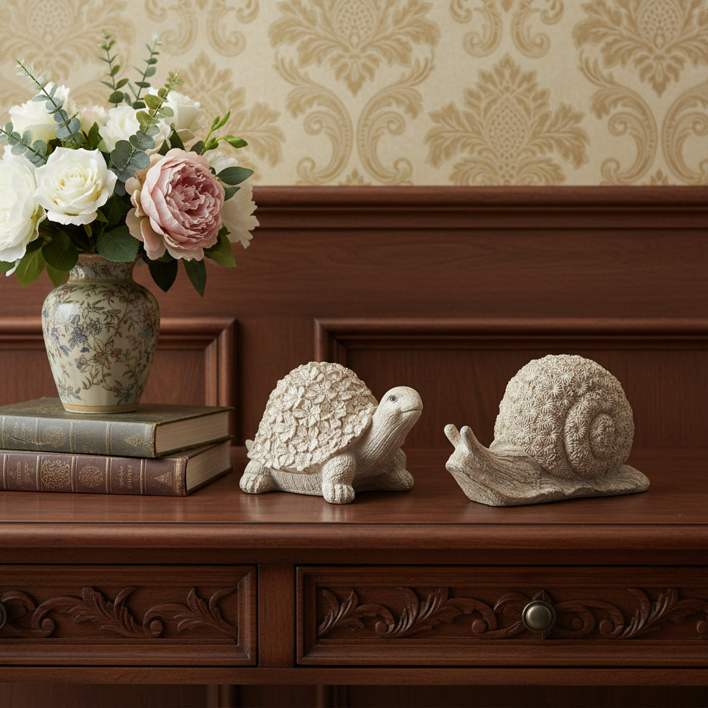 Set of Two Brown Polyresin Snail And Turtle Tabletop Sculptures