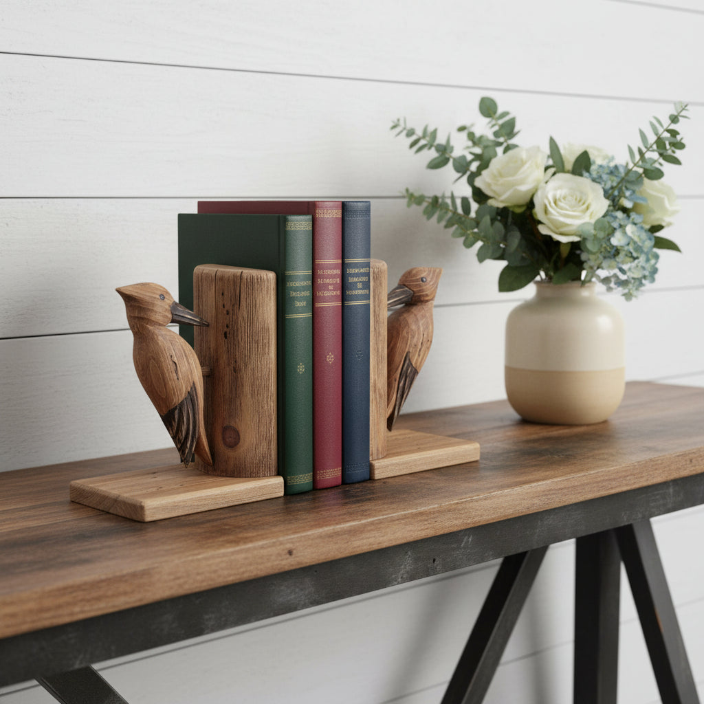 Set of Two Brown Wood Bird Decorative Bookends