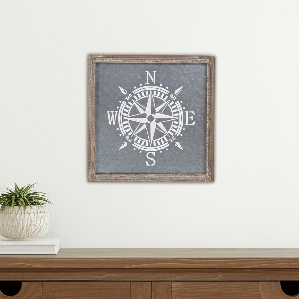 17 X 17 Gray Compass Galvanized Metal And Wood Square Framed Art