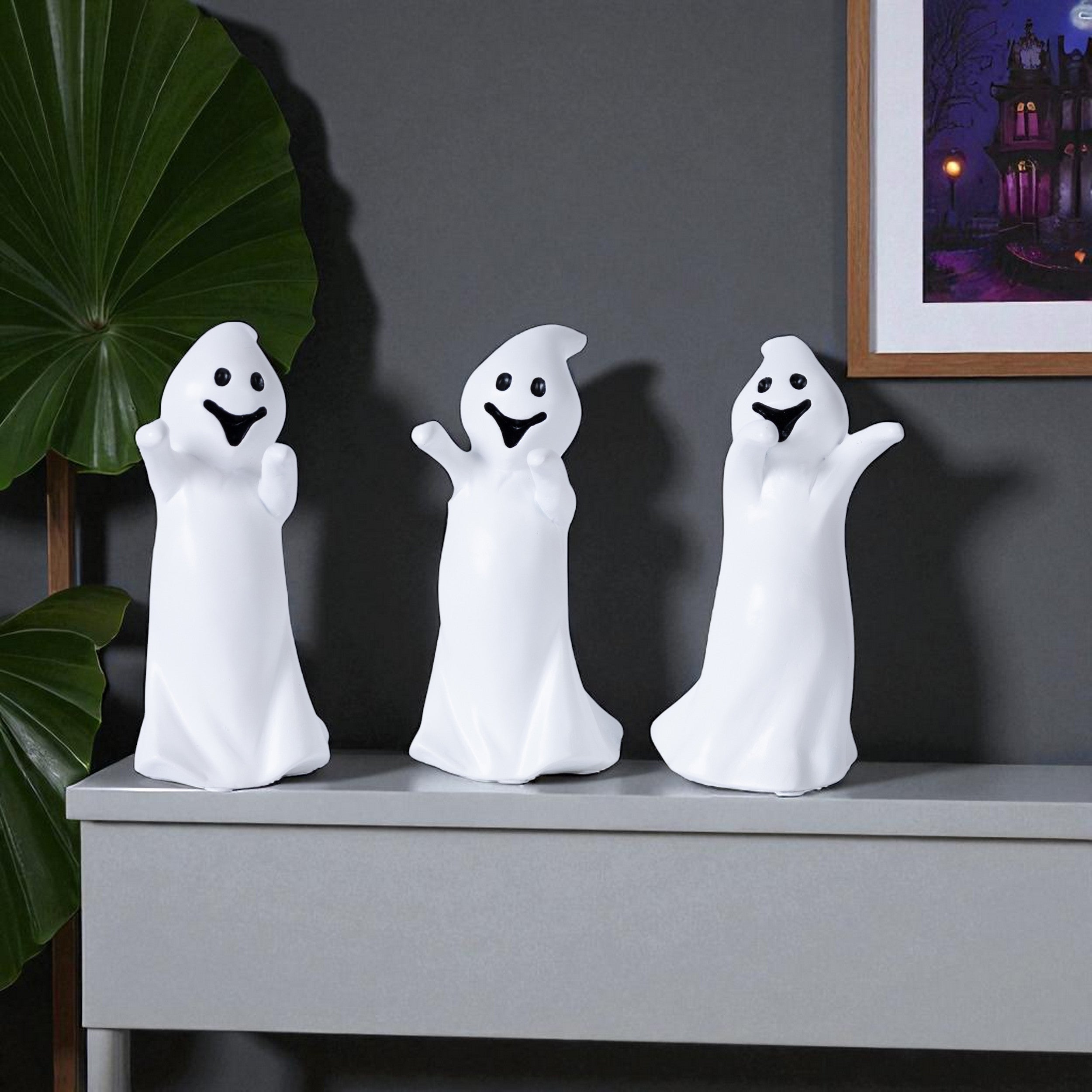 Set of Three White Polyresin Halloween Ghost Figurines