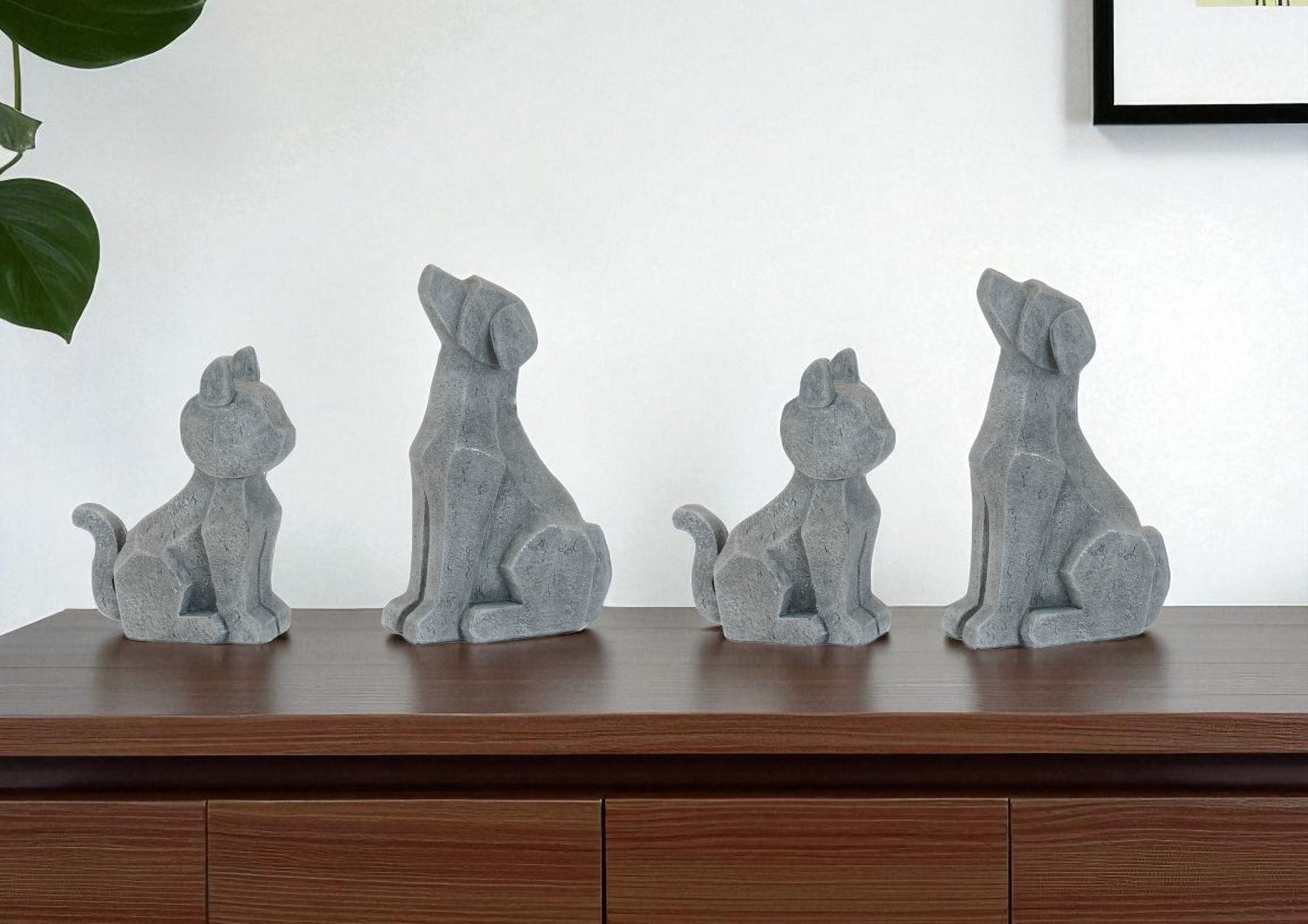 Set of Four Gray Polyresin Cat And Dog Figurines