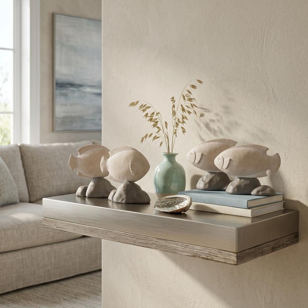 Set of Four Beige And Gray Polyresin Fish Figurines