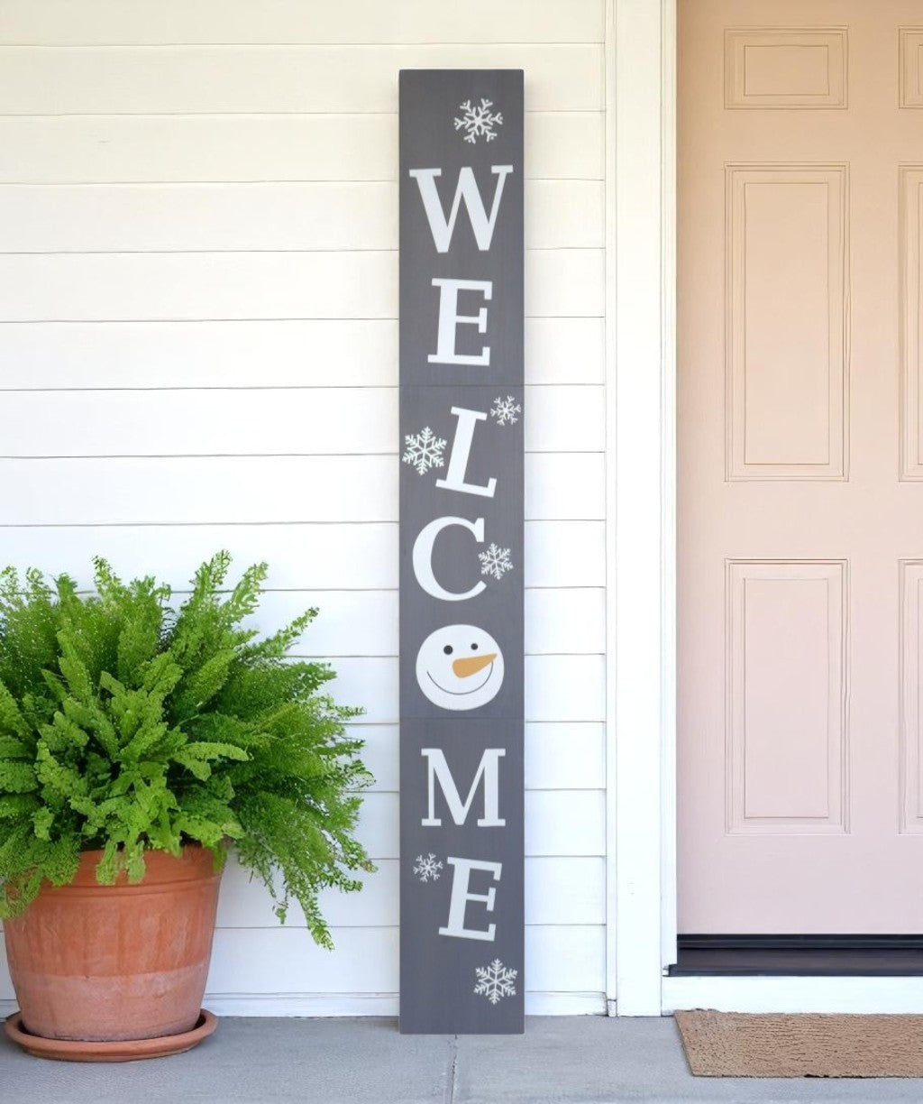 72 Gray And White Solid Wood Welcome Christmas Snowman Porch Sign