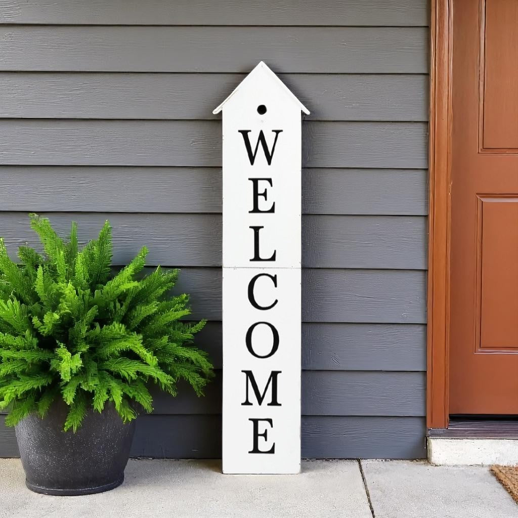 48 White And Black Solid Wood Birdhouse Welcome Porch Sign