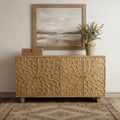 70 Brown Distressed Solid Wood Carved Floral Sideboard with Four Doors