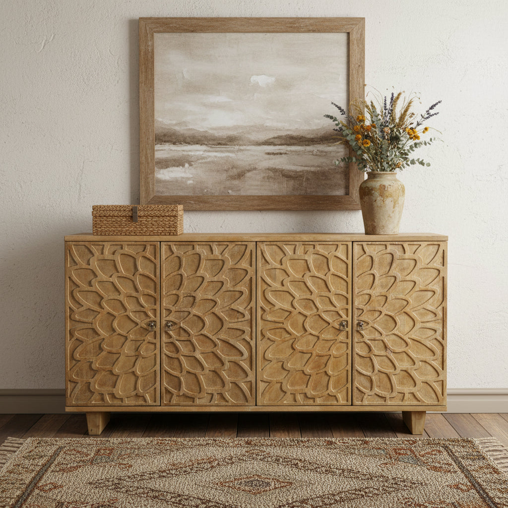 70 Brown Distressed Solid Wood Carved Floral Sideboard with Four Doors