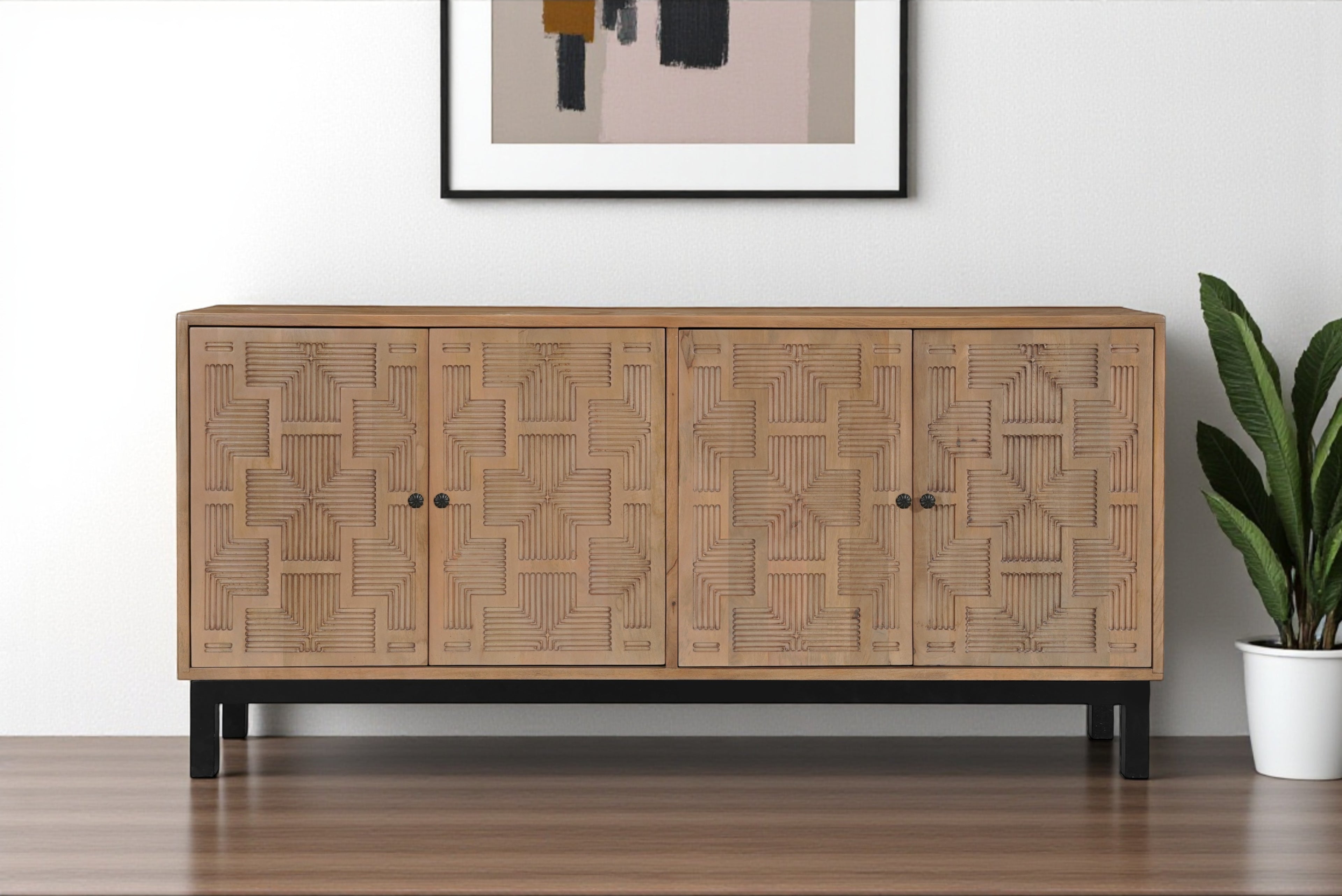 80 Brown Solid Wood Carved Geometric Sideboard with Four Doors