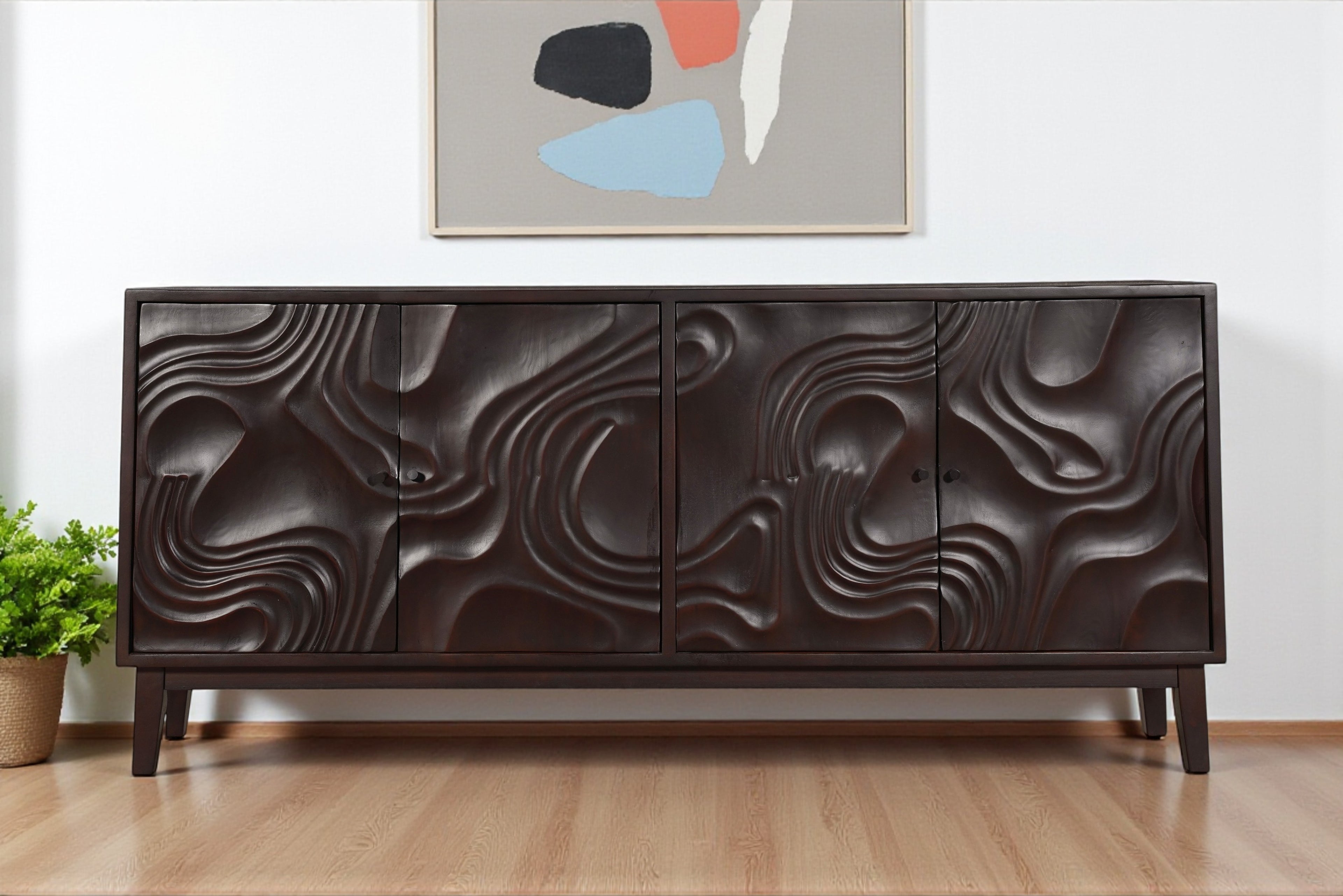 80 Dark Brown Solid Wood Carved Abstract Sideboard with Four Doors
