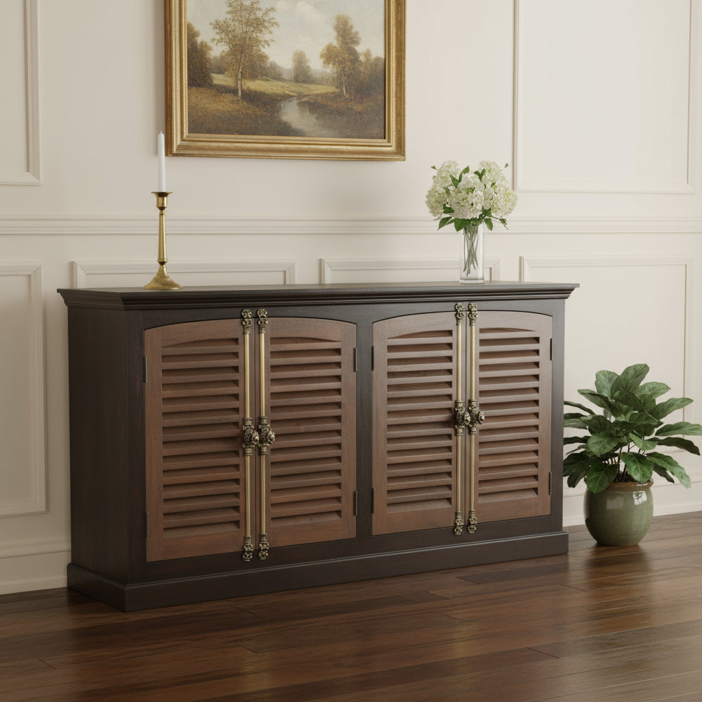 72 Dark Brown Solid Wood Shutter Style Sideboard with Four Doors