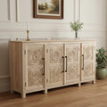 74 Natural Distressed Solid Wood Carved Floral Sideboard with Four Doors