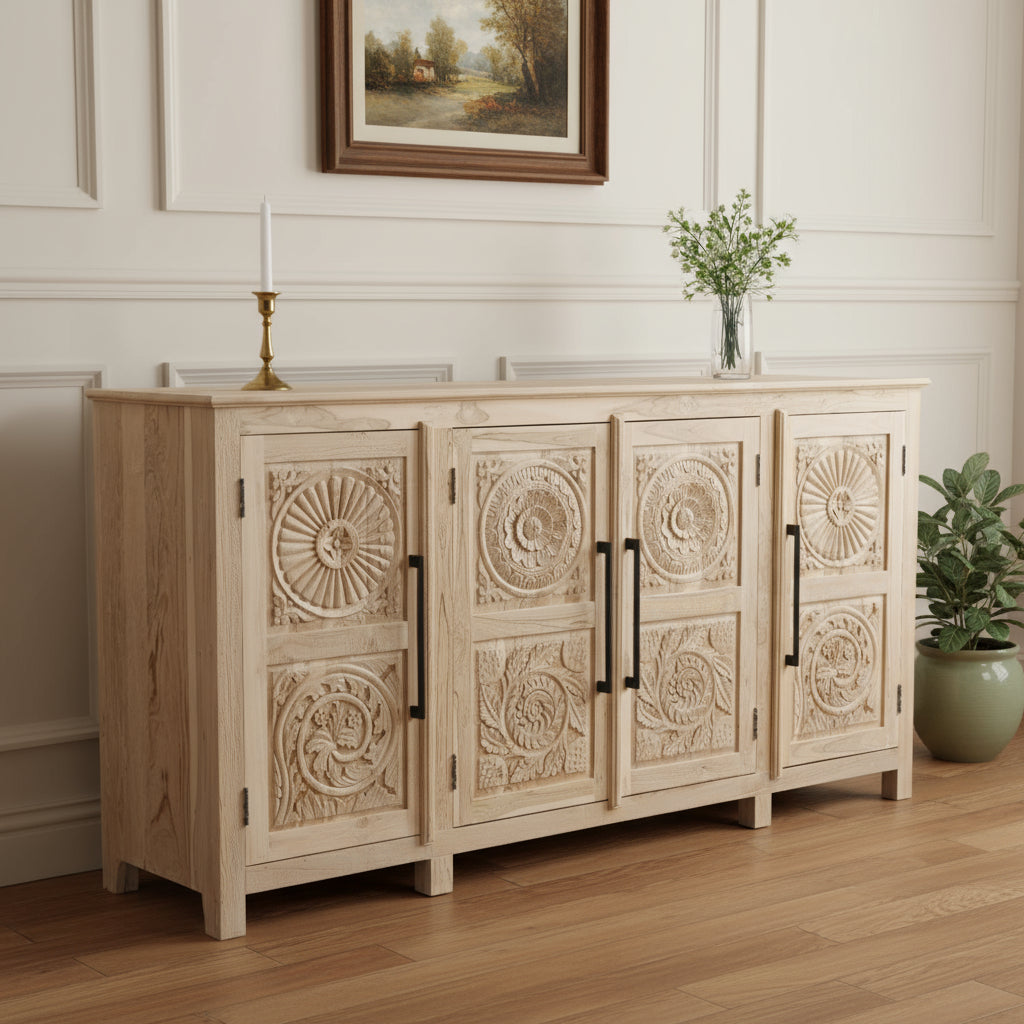 74 Natural Distressed Solid Wood Carved Floral Sideboard with Four Doors