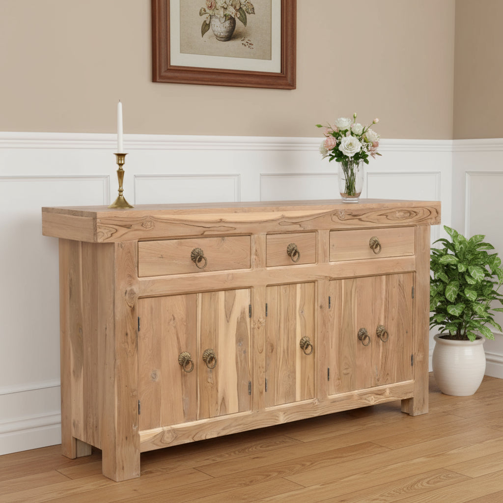 72 Natural Solid Wood Three Drawer Sideboard with Five Doors