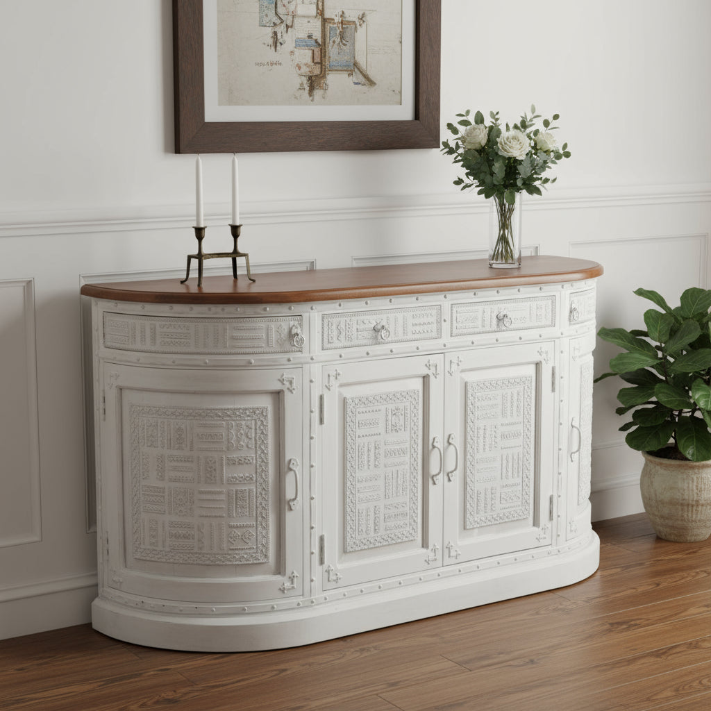 69 White And Brown Solid Wood Carved Geometric Four Drawer Four Door Sideboard