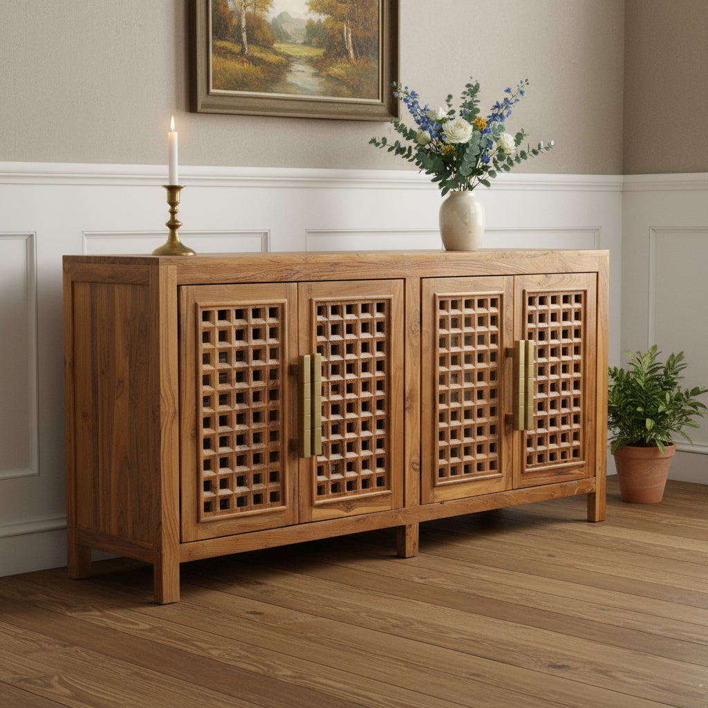 71 Brown Solid Wood Carved Geometric Sideboard with Four Doors
