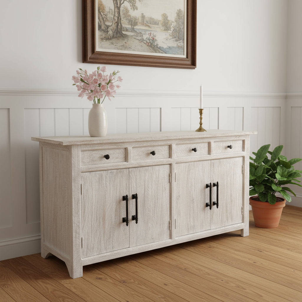 79 White Distressed Solid Wood Paneled Four Drawer Sideboard with Four Doors