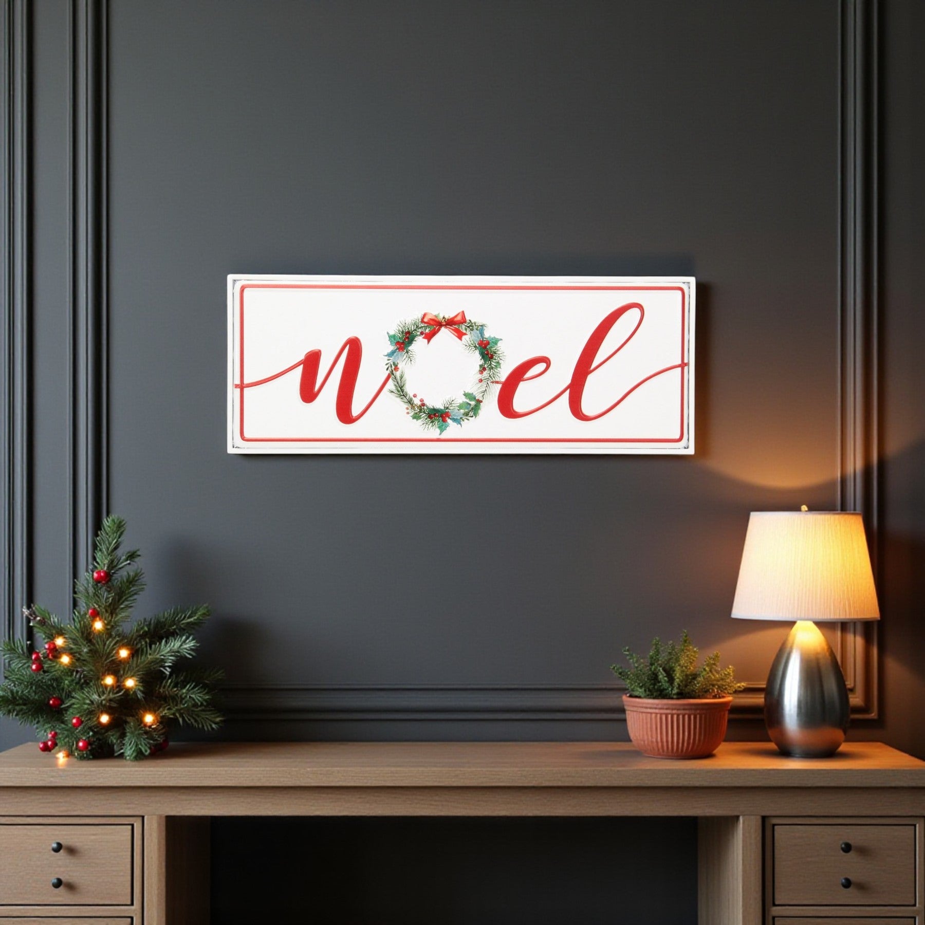 7 X 19 White and Red Christmas Noel Metal Wall Decor
