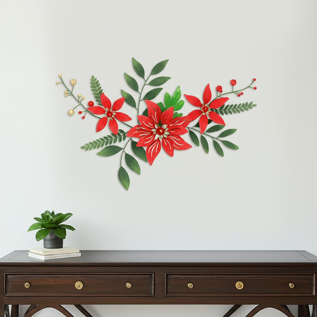 15 X 22 Red Christmas Poinsettia Metal Hanging Dimensional Sculpture