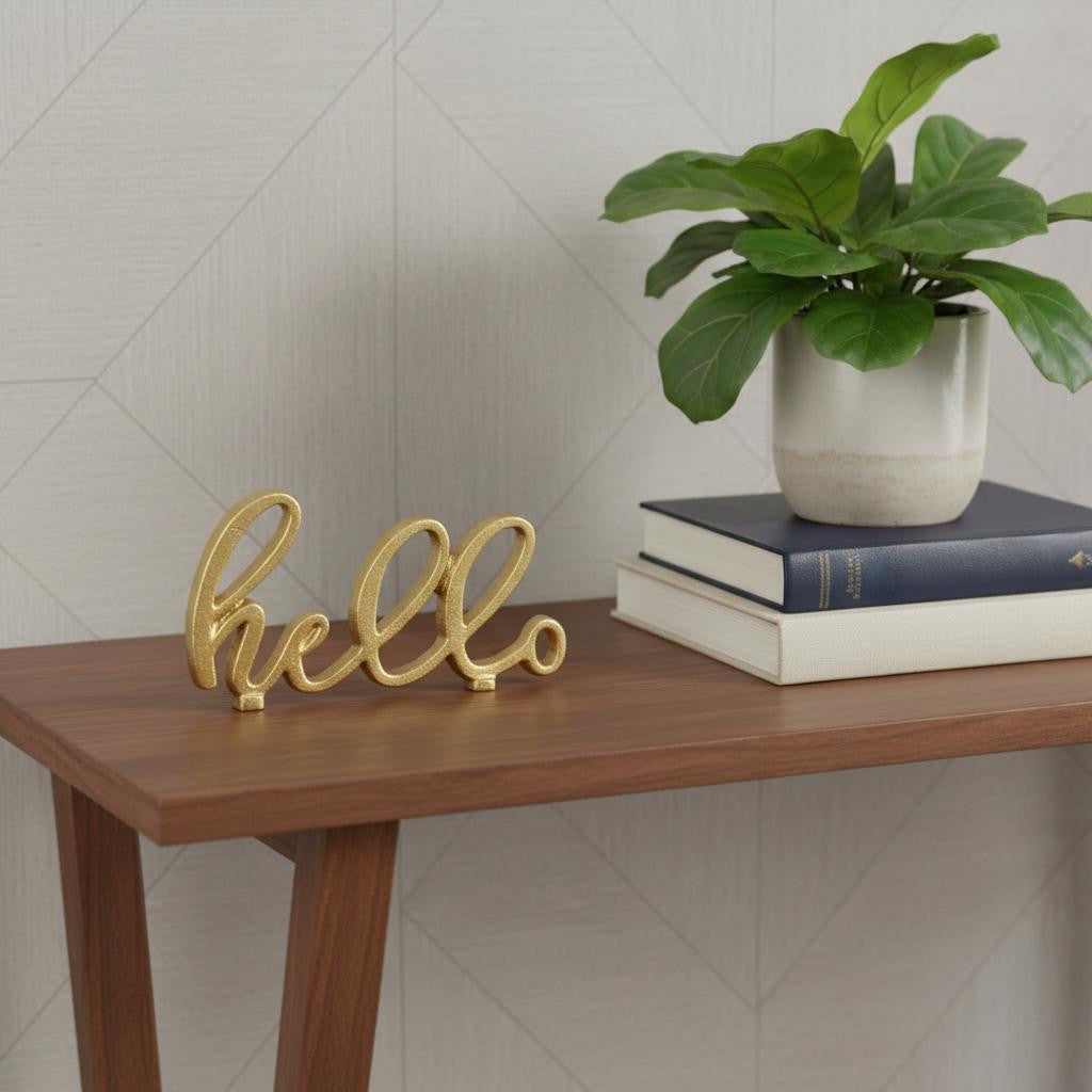 6 Gold Cast Iron Hello Hand Painted Tabletop Sculpture