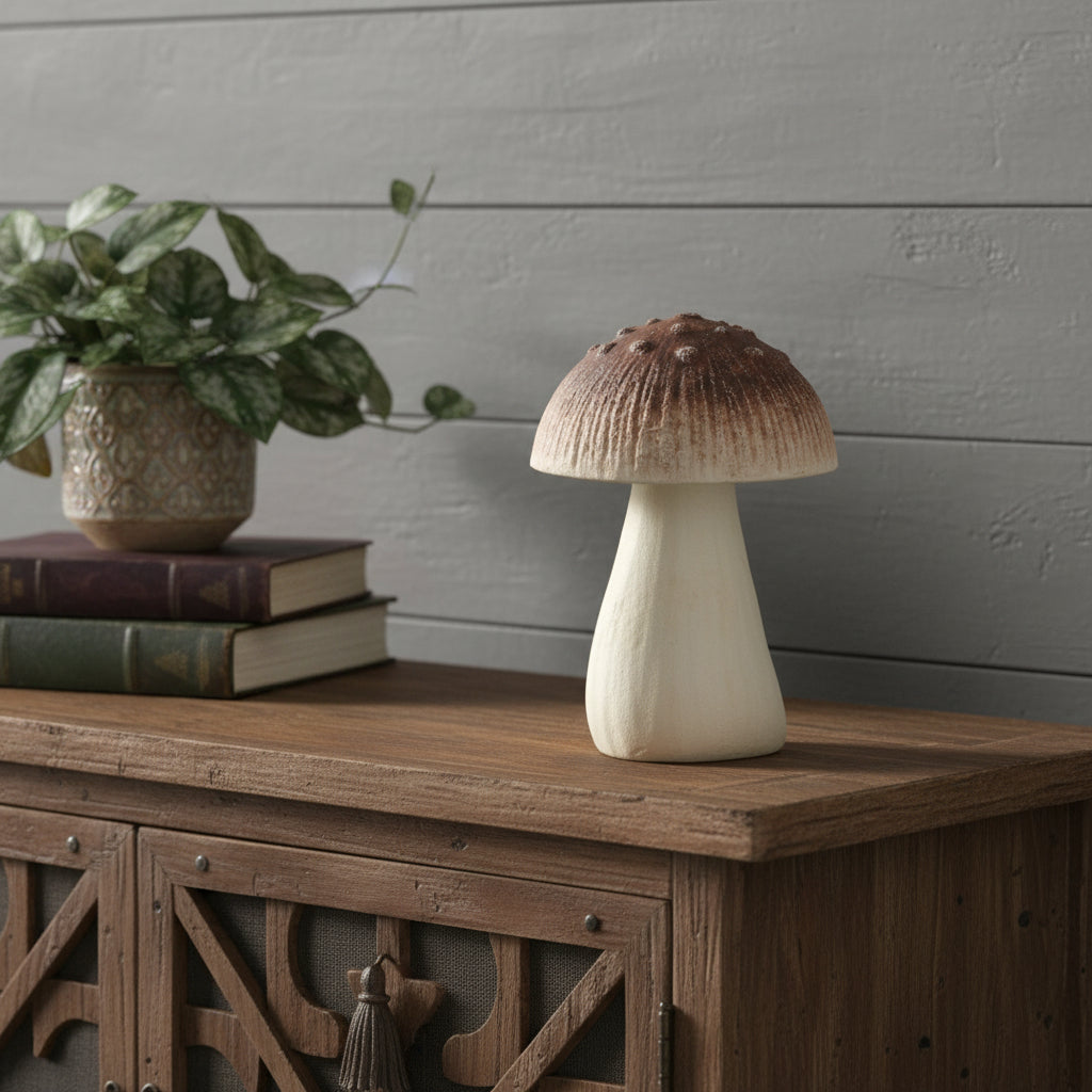 6 Red And Off White Cast Iron Mushroom Tabletop Sculpture