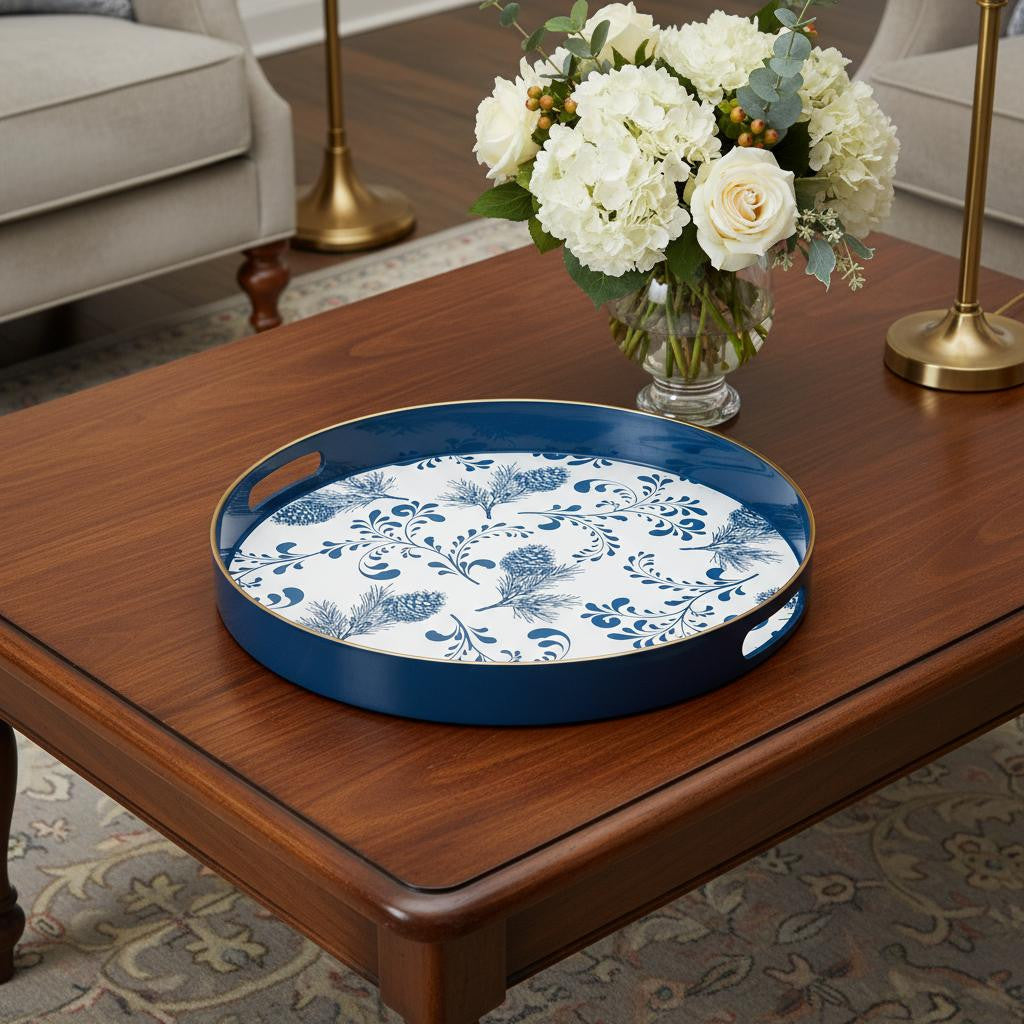 14 Blue White And Gold Pinecone Round Serving Tray
