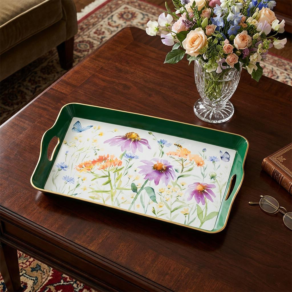 17 Green And White Watercolor Floral Serving Tray With Handles