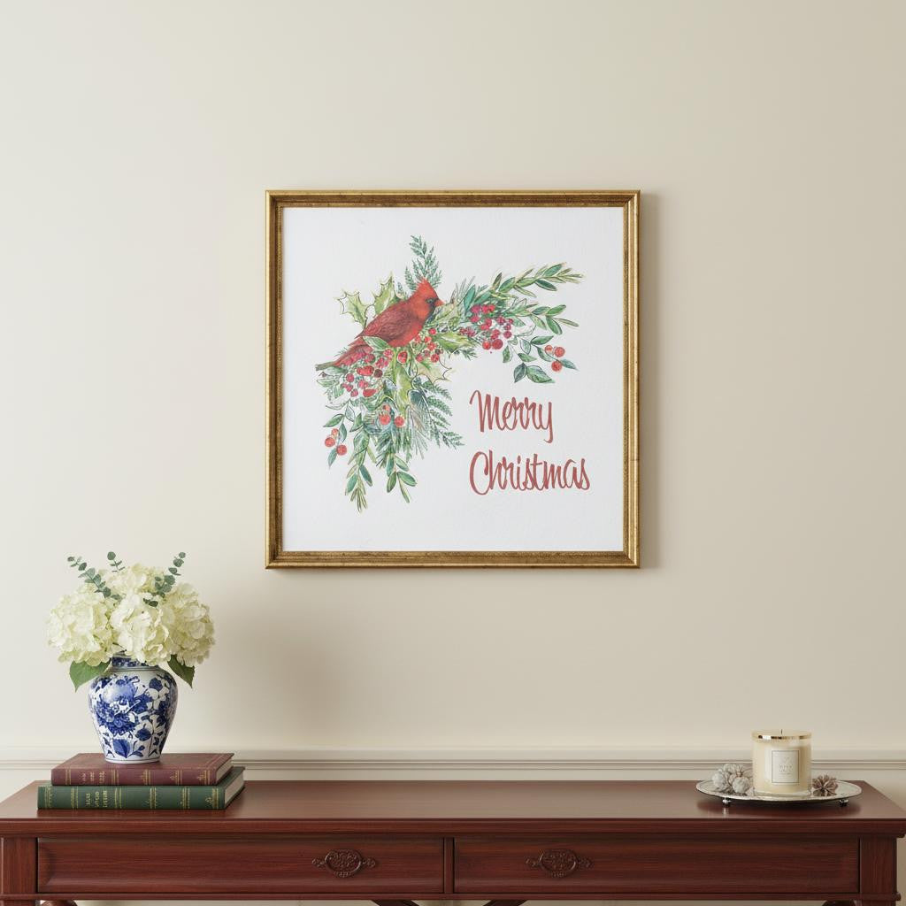 Merry Christmas Cardinal Gold Framed Wall Art