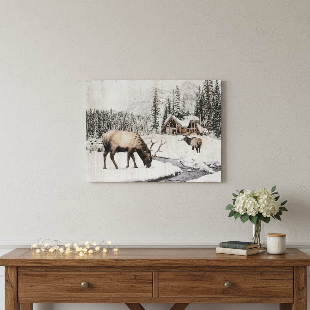 14 X 19 Brown And White Wood Winter Reindeer Lodge Hanging Wall Decor