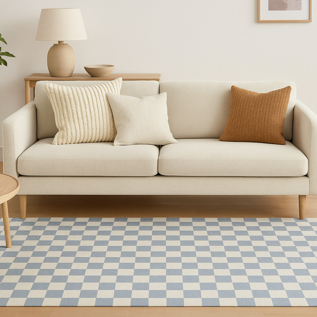 5 X 8 Blue And Off White Checkered Area Rug