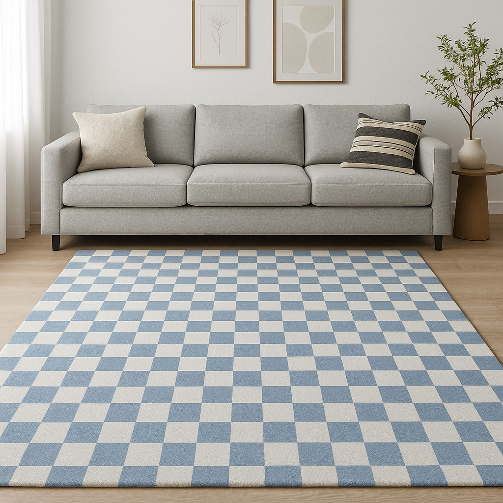 7 X 10 Blue And Off White Checkered Area Rug