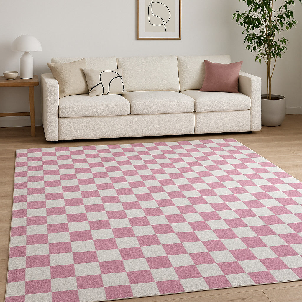 7 X 10 Pink And Off White Checkered Area Rug