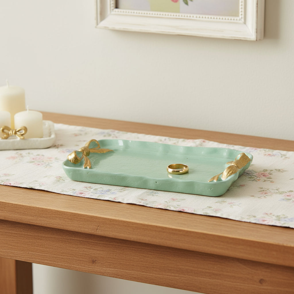 8 Aqua And Gold Cast Iron Ribbons Vanity Tray
