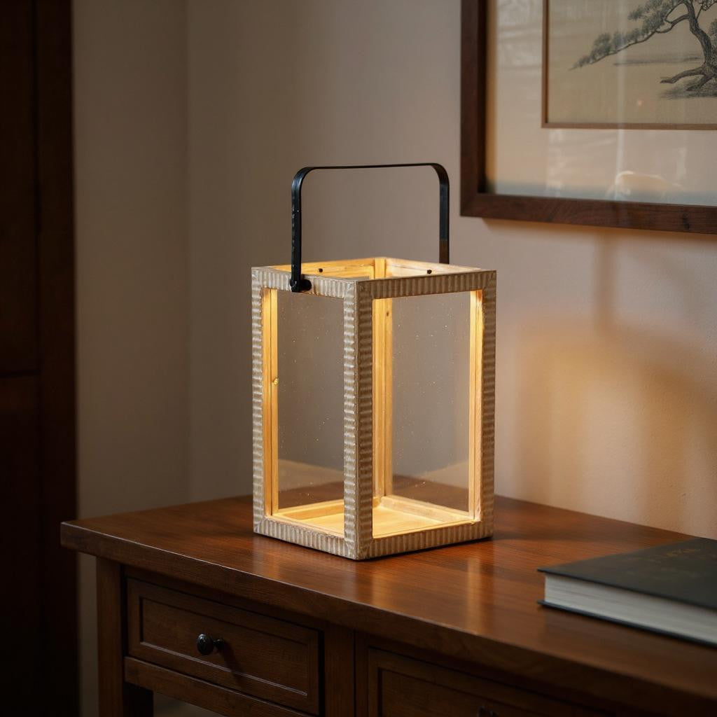 16 Clear And Natural Glass And Solid Wood Tabletop Lantern Candle Holder
