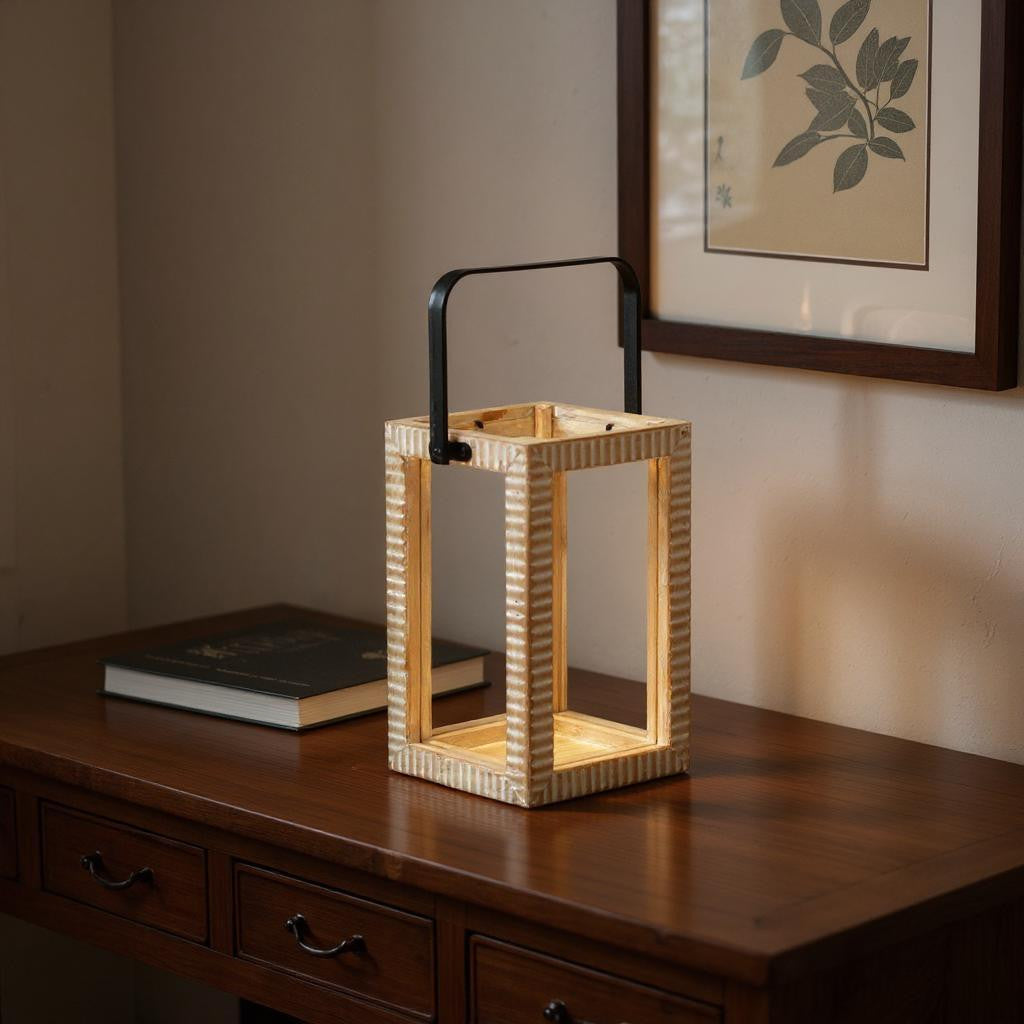 13 Natural Distressed Geometric Solid Wood Tabletop Lantern Candle Holder