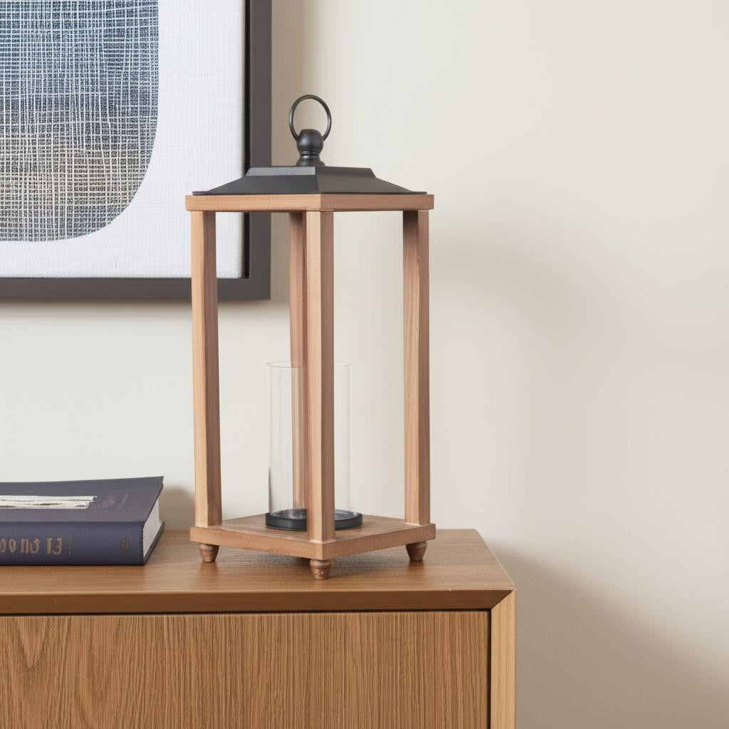 21 Brown And Black Geometric Metal And Solid Wood Tabletop Lantern Candle Holder