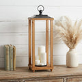 24 Brown And Black Geometric Metal And Solid Wood Floor Lantern Candle Holder
